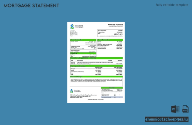 Beispiel eines Hypothekenauszugs der Standard Chartered Bank aus Nepal (Word- und PDF-Datei)